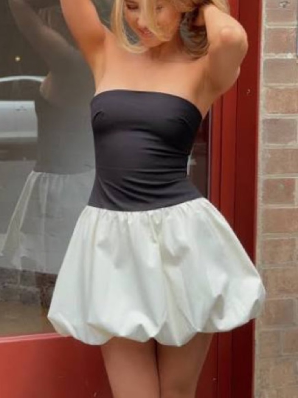 White Fox Strapless Black & White Bubble Hem Dress